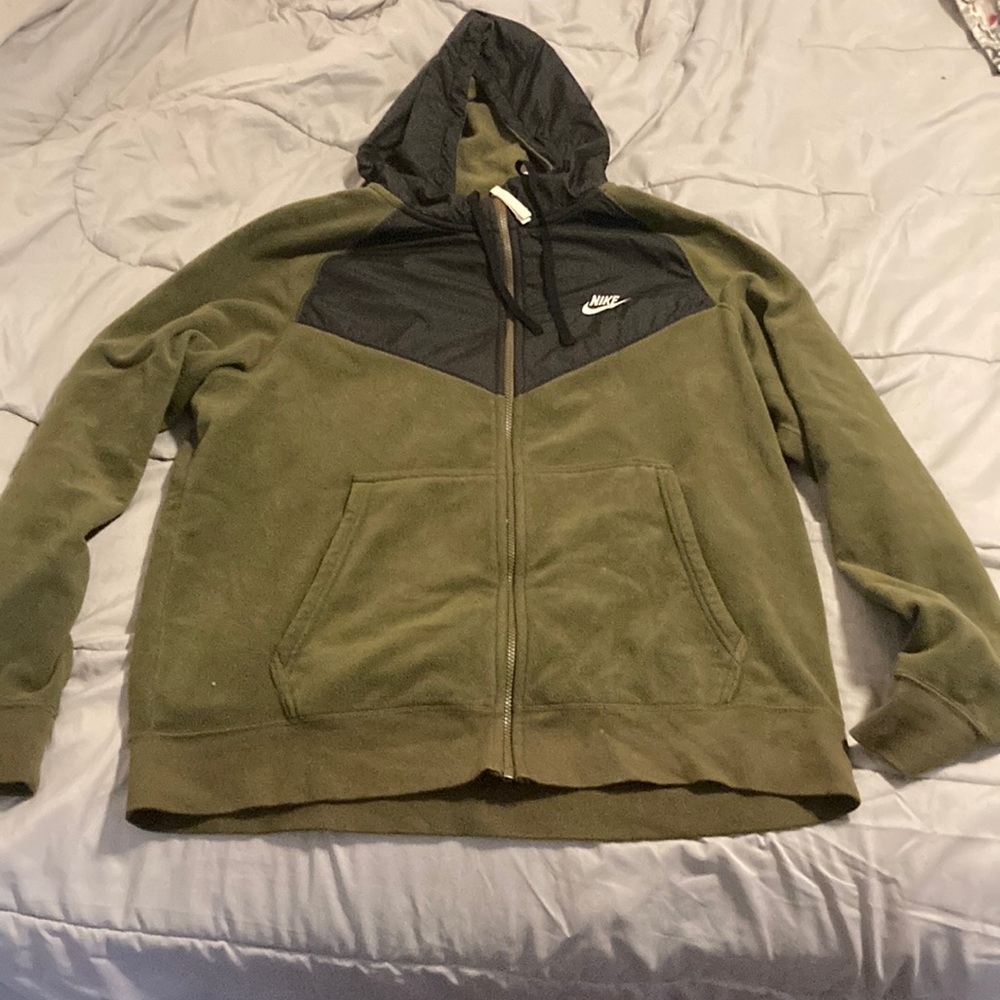 NIKE Hoodie Green Heavy Velour’ Fleece Inner Pockets Black Color Block Sz XL